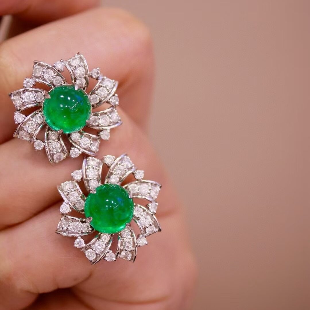 14k Gold 6.19 Ct Natural Emerald & Diamond Earrings - 2