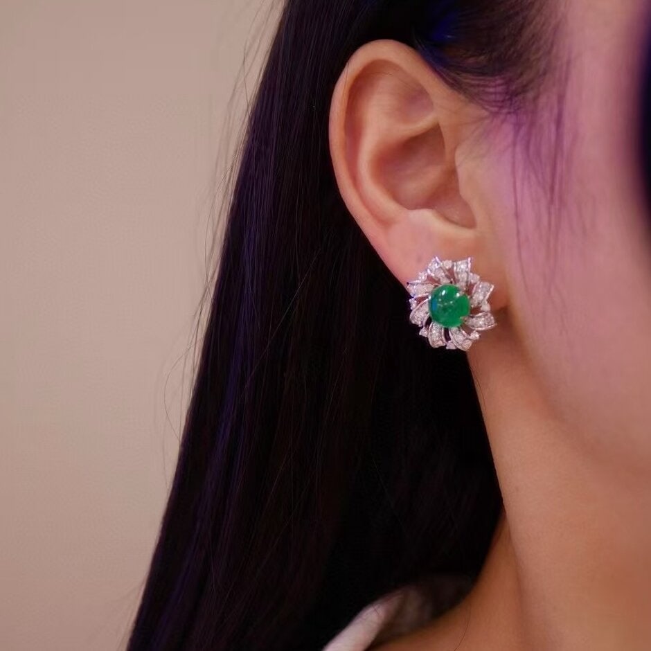 14k Gold 6.19 Ct Natural Emerald & Diamond Earrings - 5