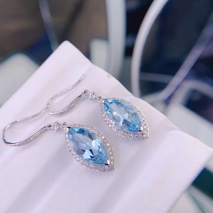 14k Gold 5.3 Ct Natural Aquamarine & Diamond Earrings - 3