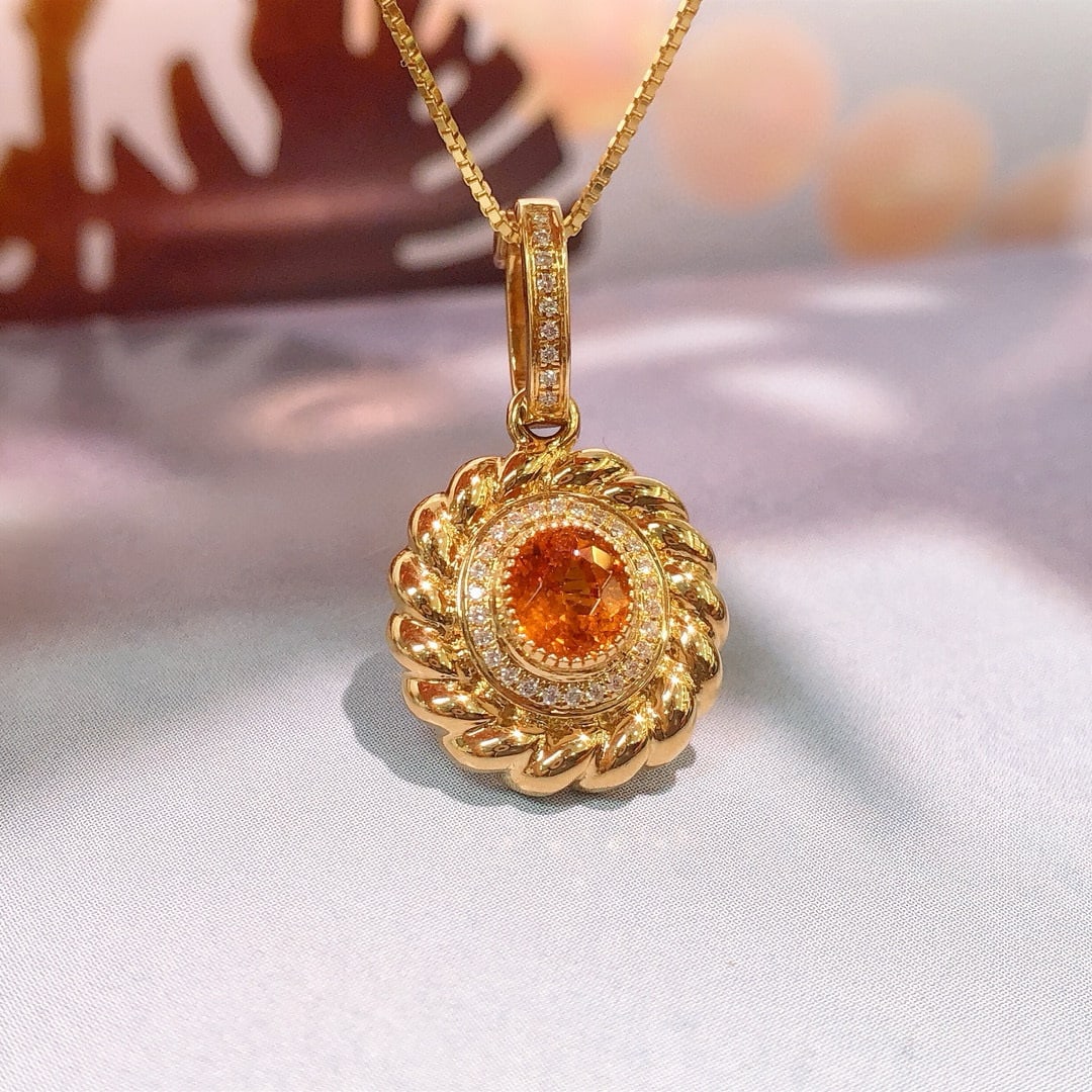 14k Gold 0.80 Ctw Natural Spessartine & Diamond Pendant( Without Chain ) - 6