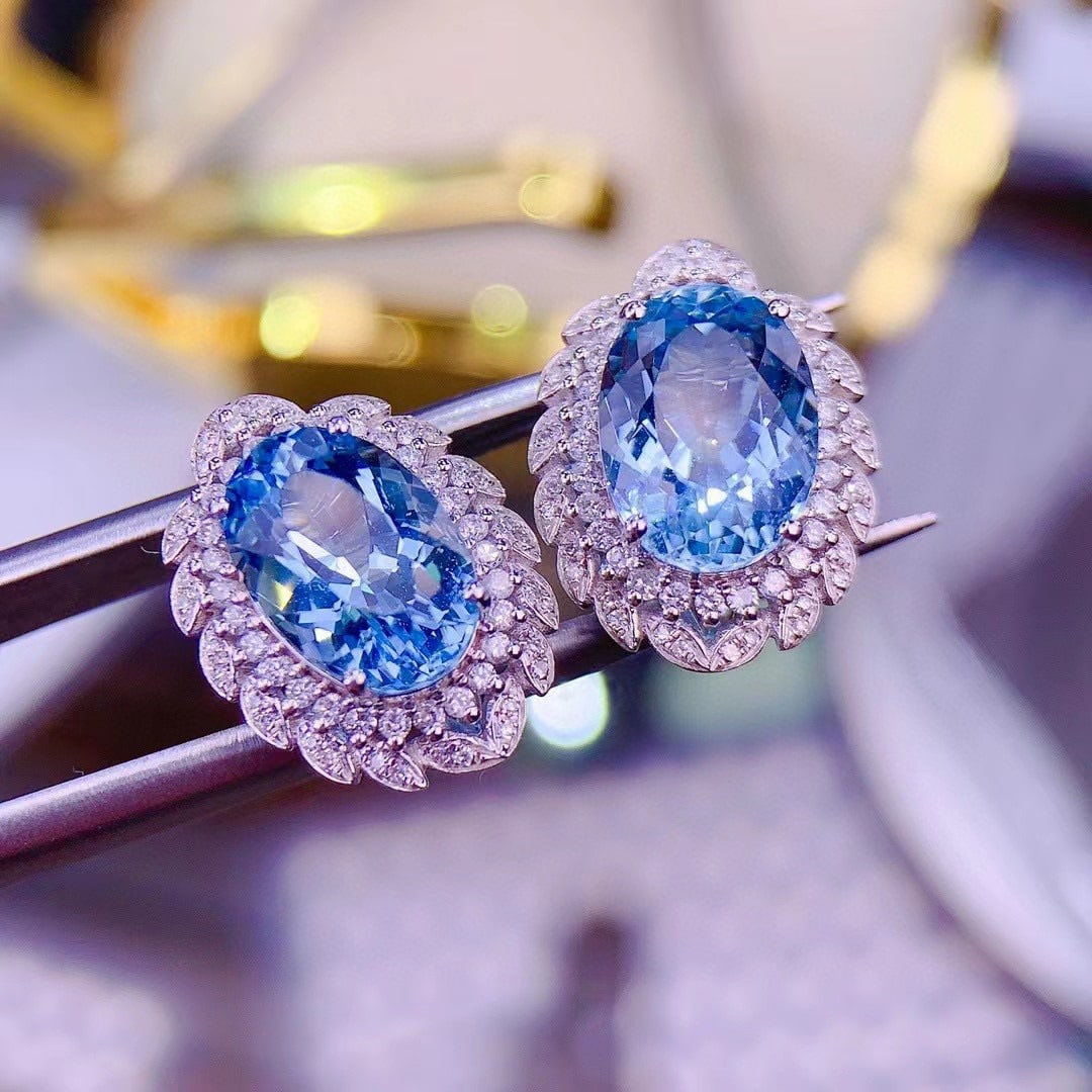 14k Gold 6.5 Ct Natural Aquamarine & Diamond Earrings - 6