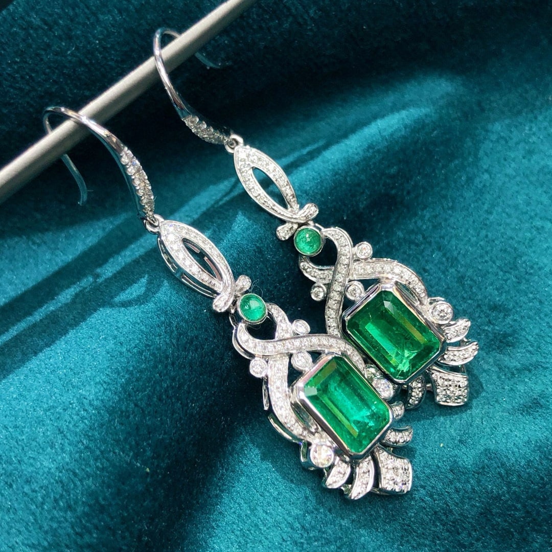 14k Gold 3.39 Ctw Vivid Green Natural Emerald & Diamond Earrings - 2