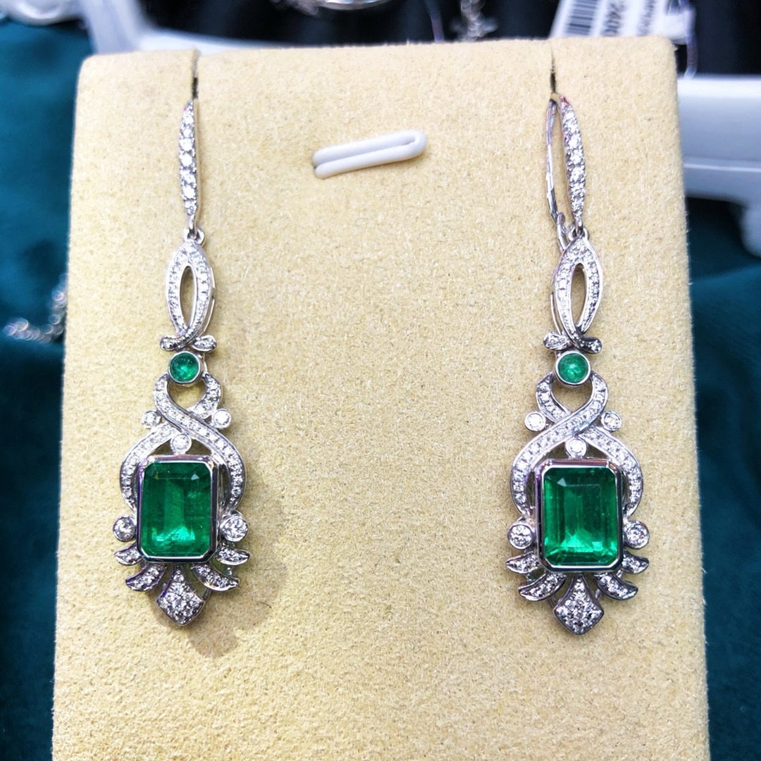 14k Gold 3.39 Ctw Vivid Green Natural Emerald & Diamond Earrings - 3