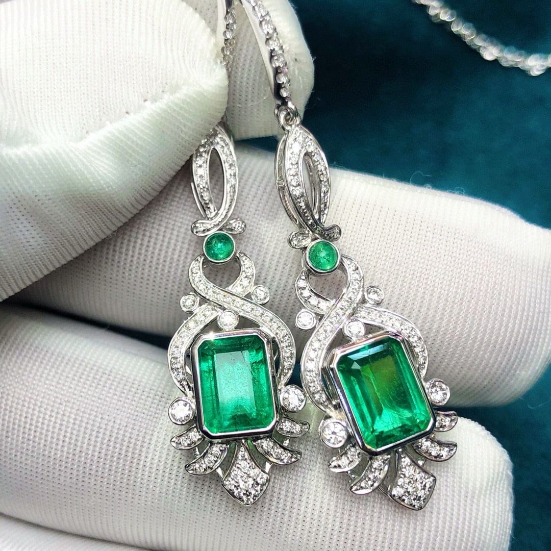 14k Gold 3.39 Ctw Vivid Green Natural Emerald & Diamond Earrings - 6