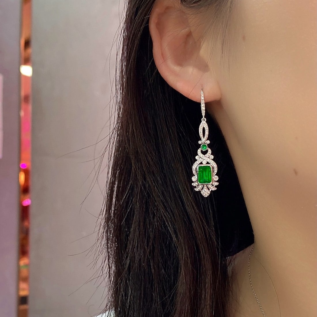 14k Gold 3.39 Ctw Vivid Green Natural Emerald & Diamond Earrings - 7