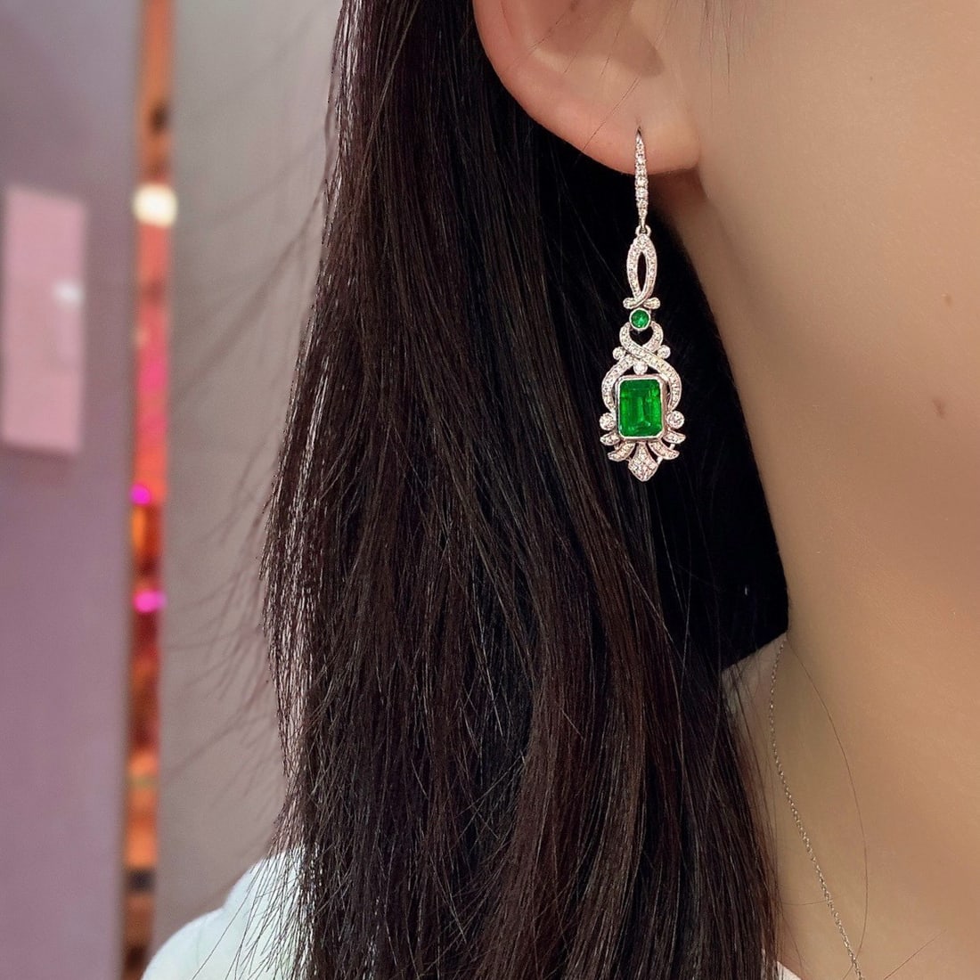 14k Gold 3.39 Ctw Vivid Green Natural Emerald & Diamond Earrings - 8