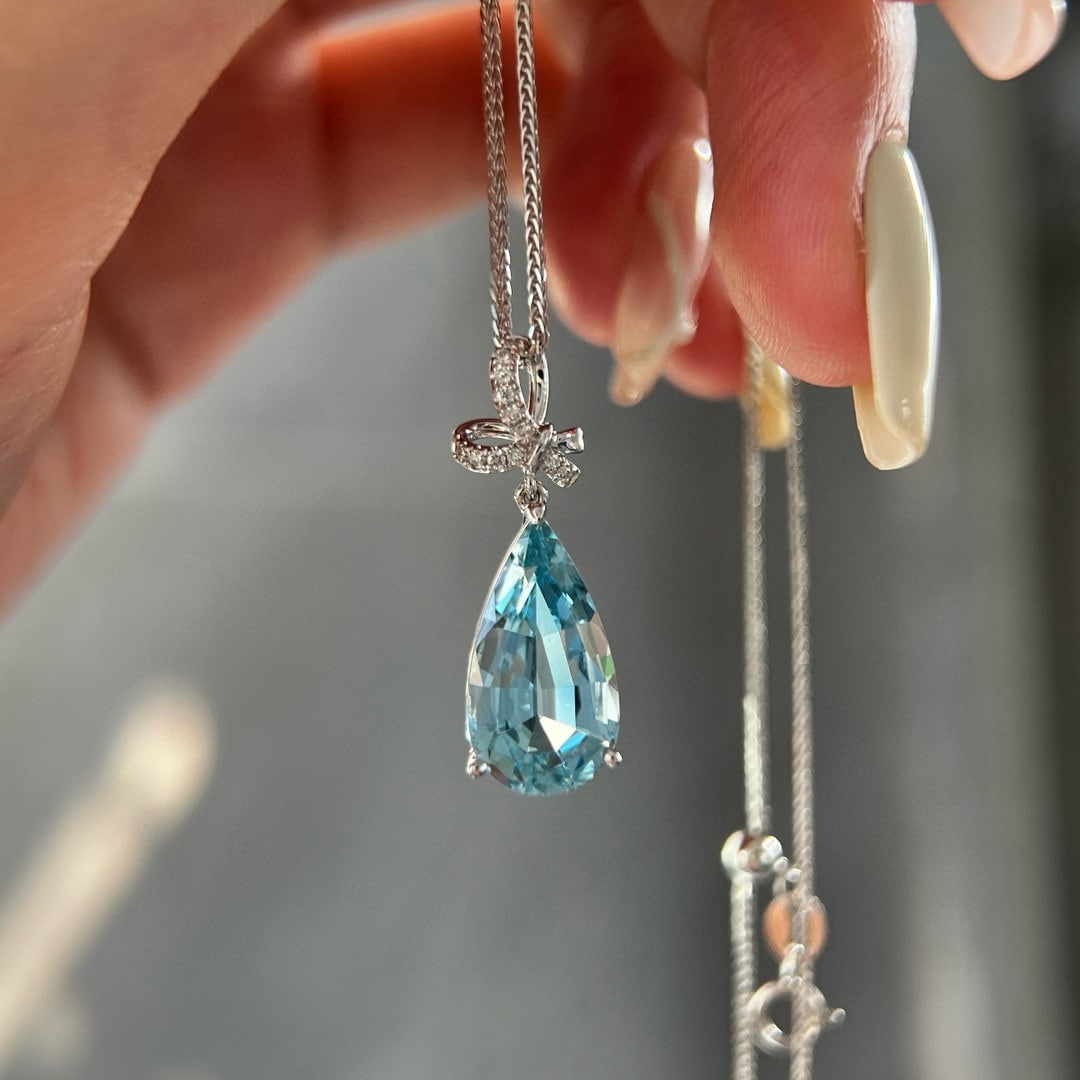 14k Gold 4.01 Ctw Natural Aquamarine & Diamond Pendant( Without Chain ) - 3