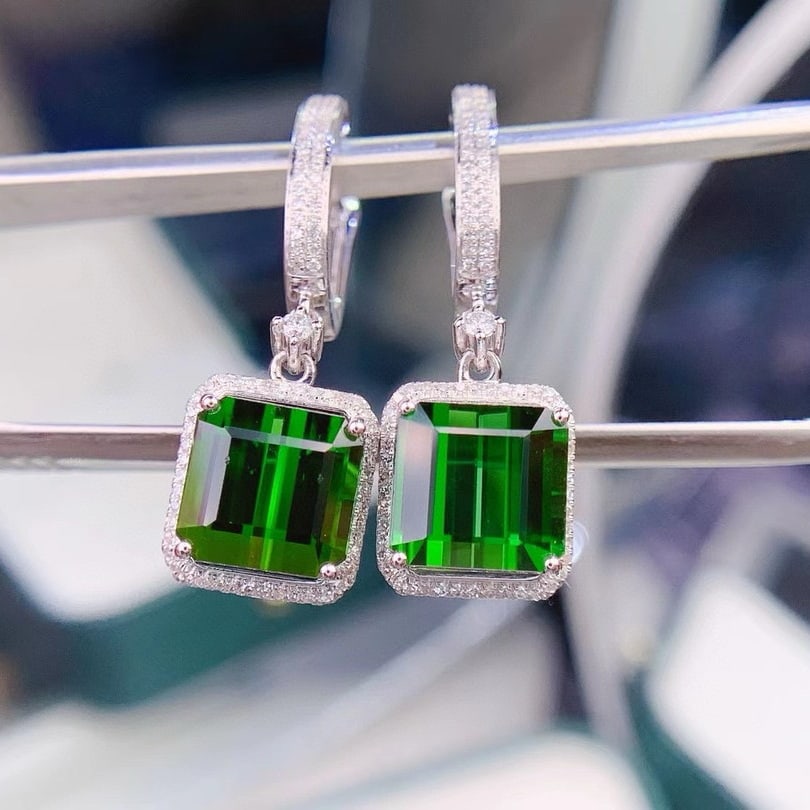 14k Gold 8.62 Ct Natural Tourmaline & Diamond Earrings - 4