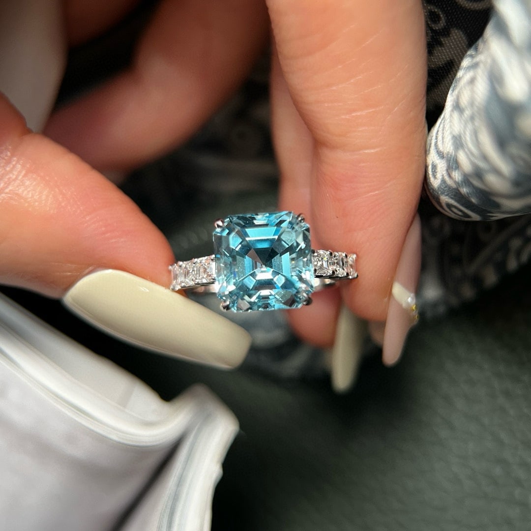 14k Gold 5.28 Ctw Natural Aquamarine & Lab Grown Diamond Ring - 3