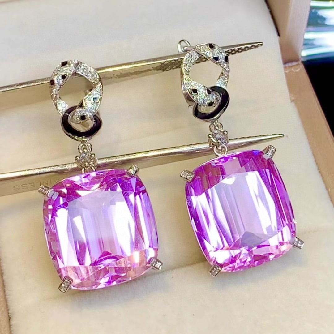 14k Gold 46.88 Ct Natural Kunzite & Diamond Earrings - 2