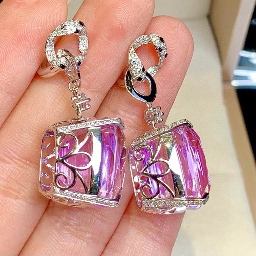 14k Gold 46.88 Ct Natural Kunzite & Diamond Earrings - 3