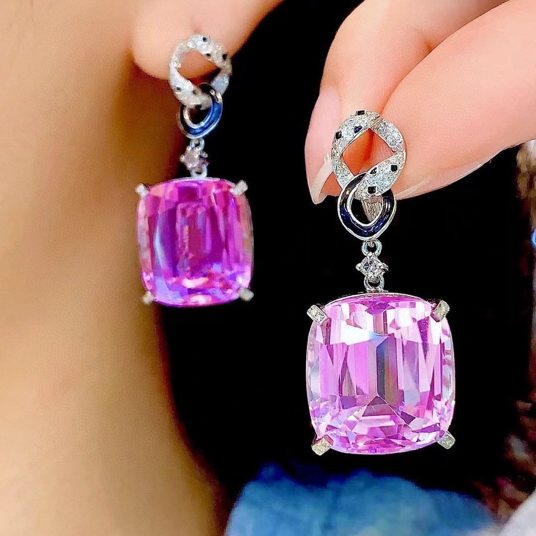 14k Gold 46.88 Ct Natural Kunzite & Diamond Earrings - 4