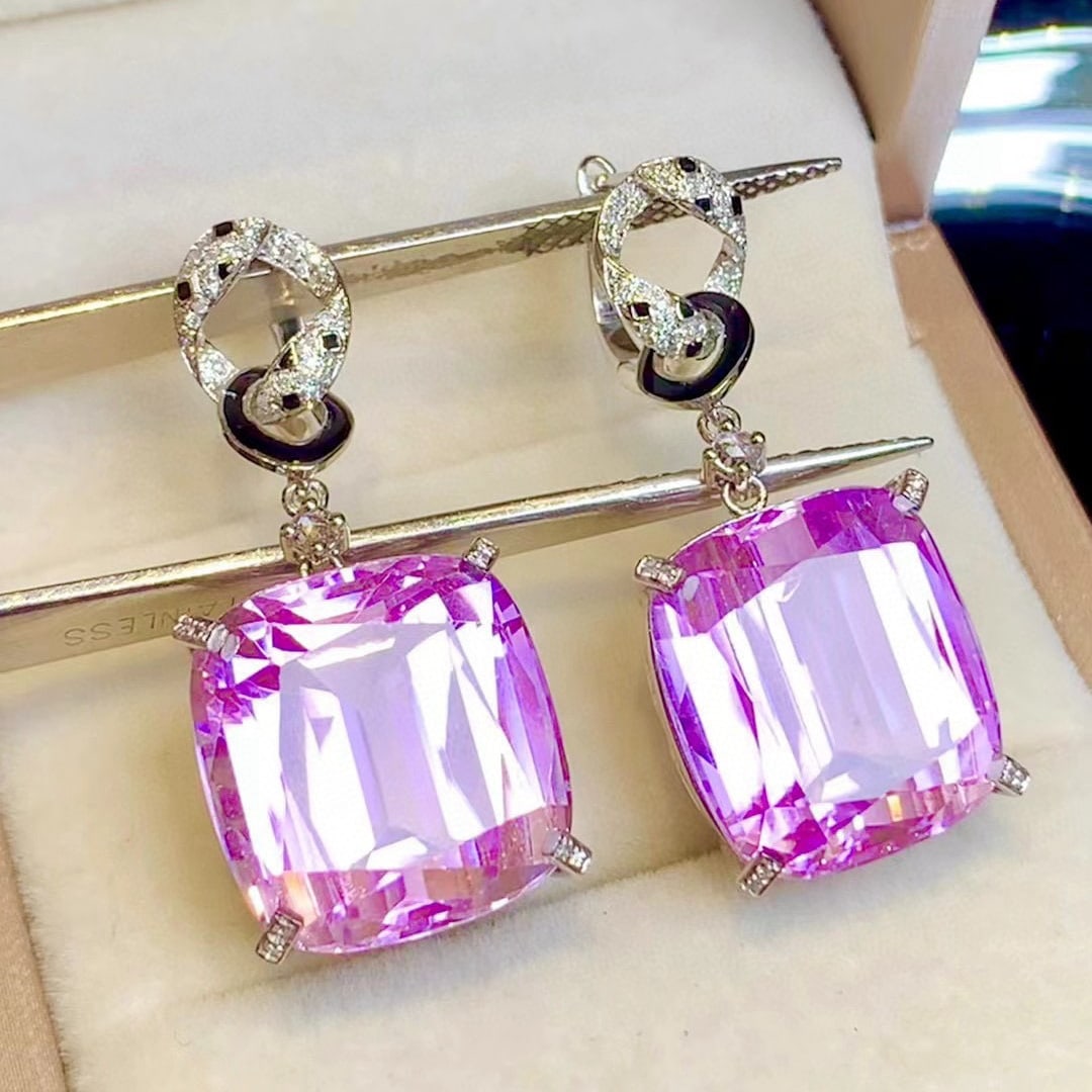 14k Gold 46.88 Ct Natural Kunzite & Diamond Earrings - 5