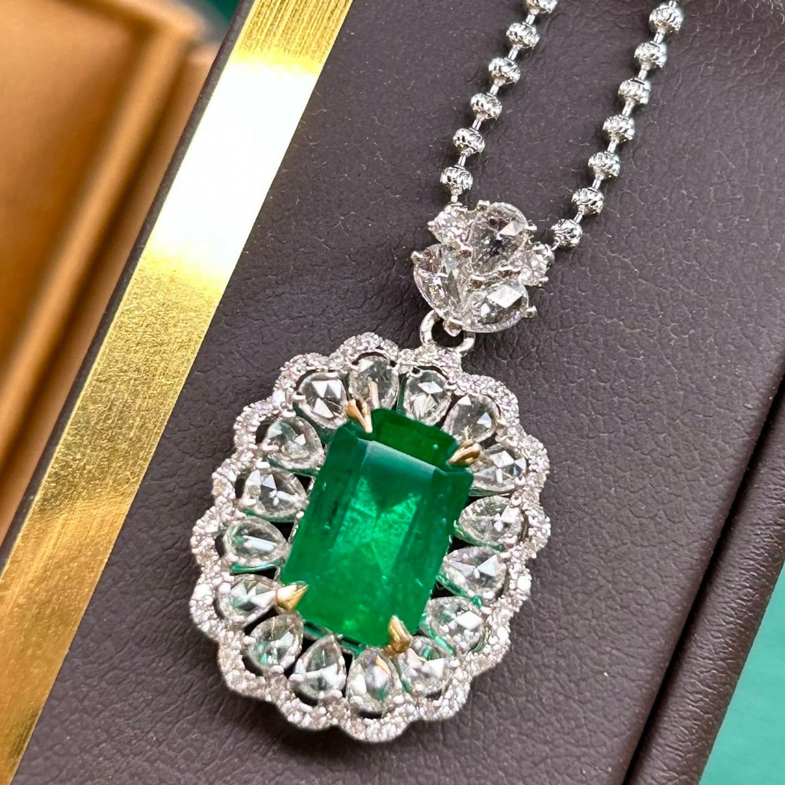 14k Gold 3.37 Ctw Vivid Green Natural Emerald & Diamond Pendant( Without Chain ) - 2