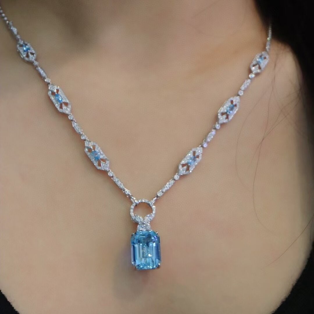 14k Gold 6.35 Ctw Natural Aquamarine & Diamond Pendant( Without Chain ) - 4