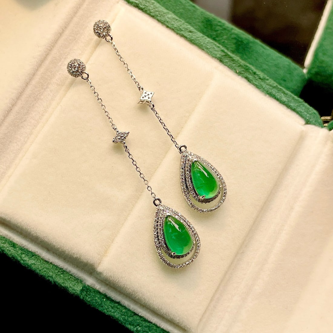14k Gold 4 Ct Natural Emerald & Diamond Earrings - 2