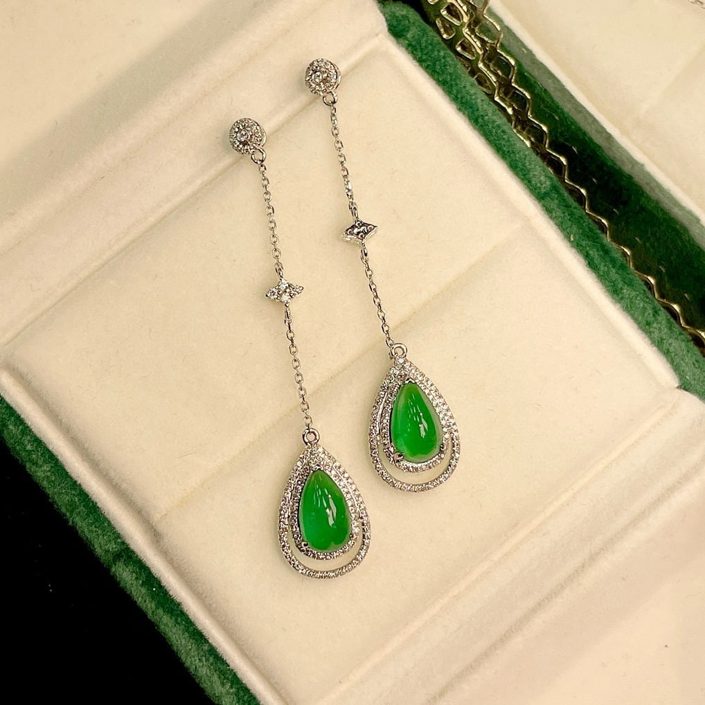 14k Gold 4 Ct Natural Emerald & Diamond Earrings - 4