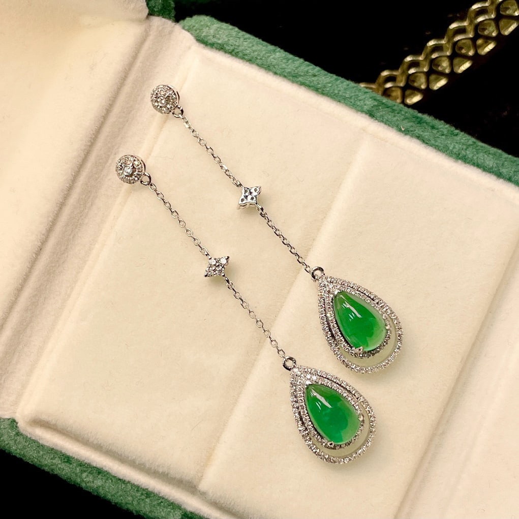 14k Gold 4 Ct Natural Emerald & Diamond Earrings - 5