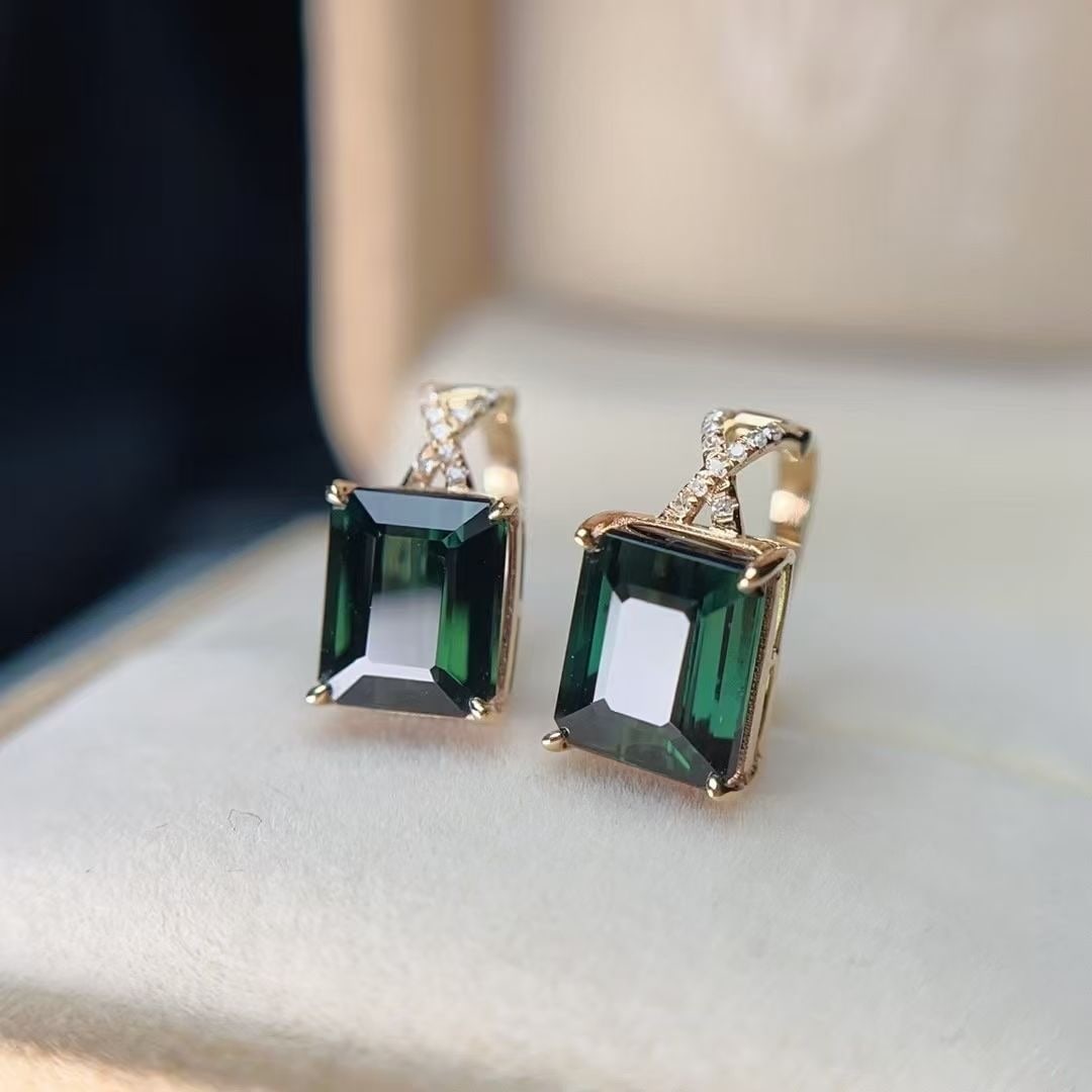 14k Gold 4.6 Ct Natural Tourmaline & Diamond Earrings - 6