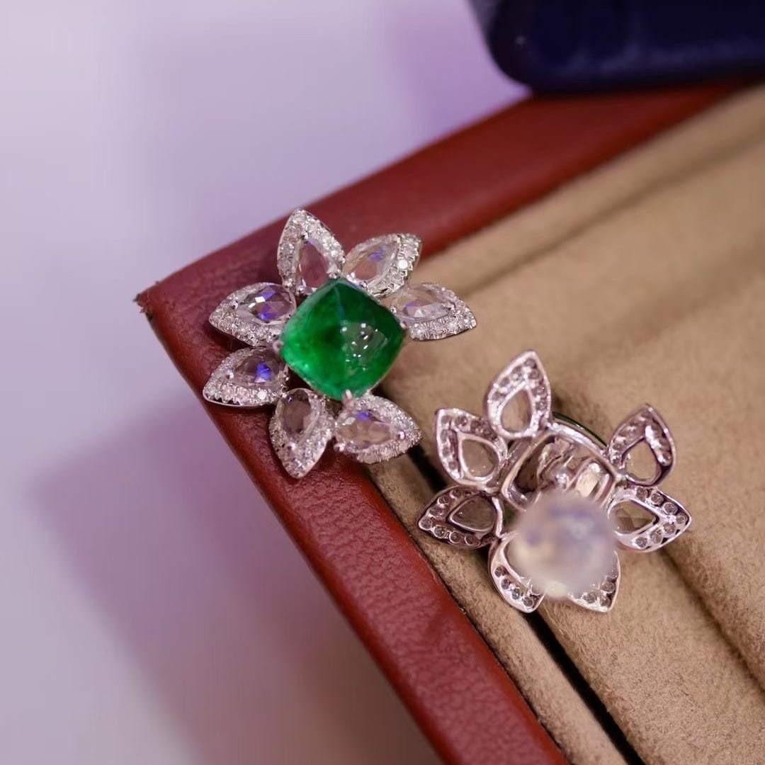 14k Gold 2.65 Ct Natural Emerald & Sapphire & Diamond Earrings - 4