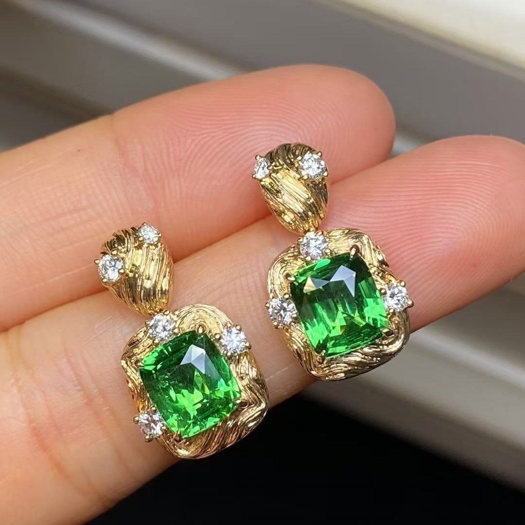 14k Gold 4.47 Ctw Natural Tsavorite & Diamond Earrings - 2