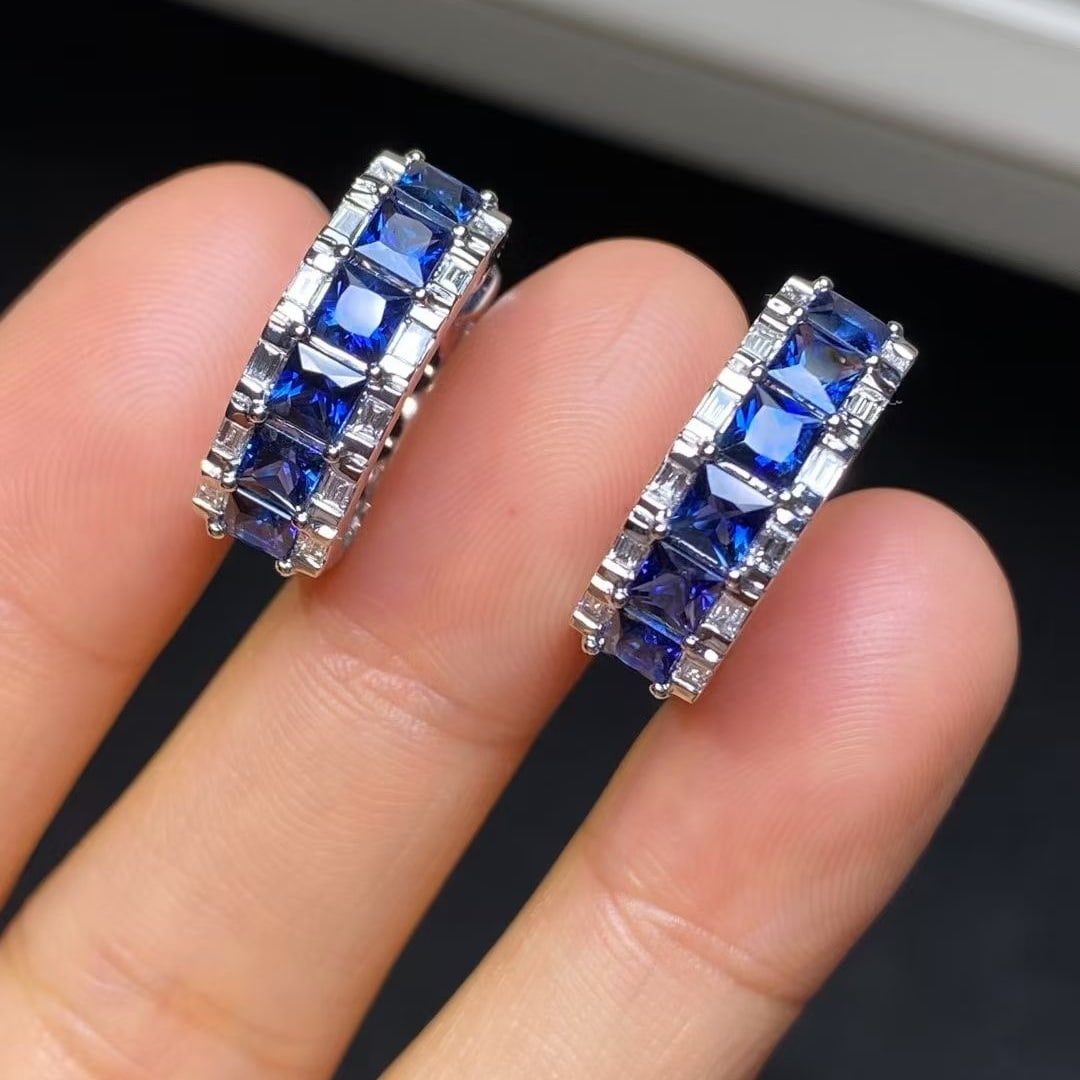 14k Gold 3.62 Ctw Natural Sapphire & Diamond Earrings: Ref:230946373 // gold content:14k gold // main gemstone:sapphire // shape:princess // carat weight:3. 28ct // color:royal blue // treatment:natural // // adjacent gemstone 2 : diamond // shape:baguett
