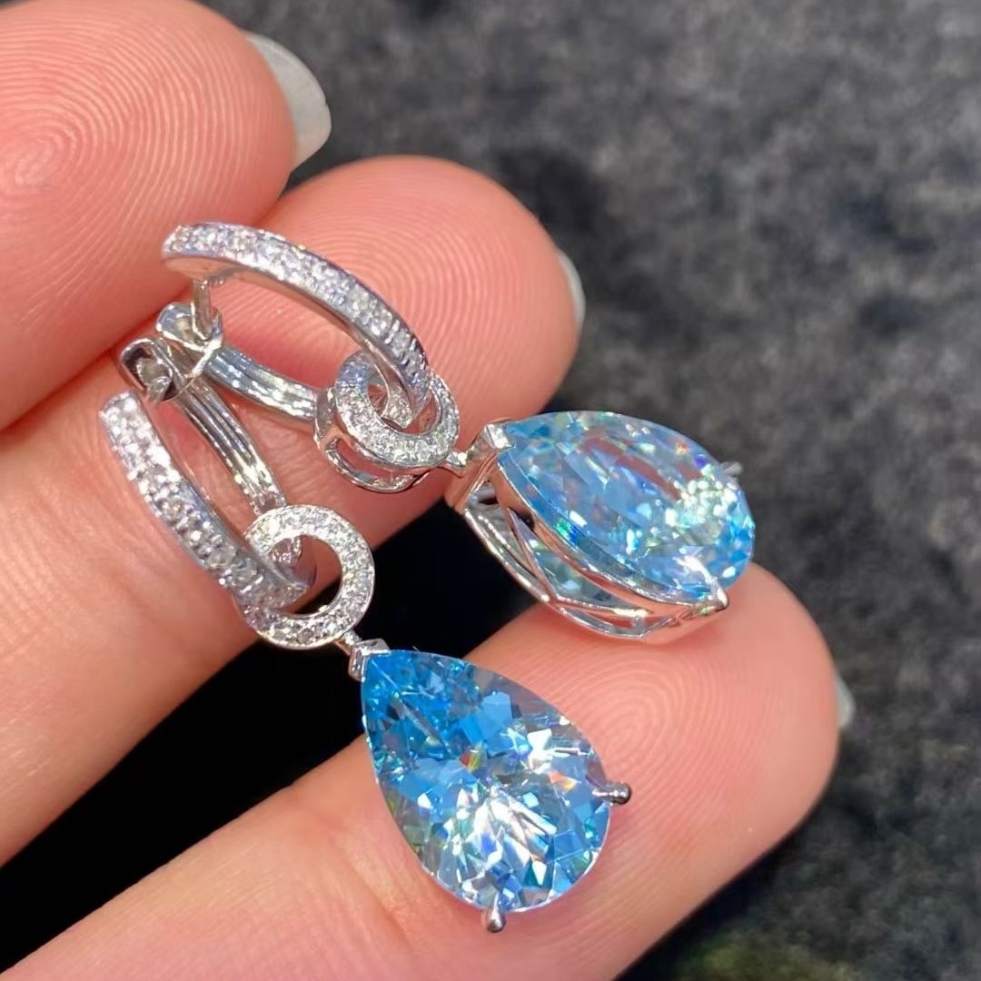 14k Gold 5.32 Ctw Natural Aquamarine & Diamond Earrings - 4