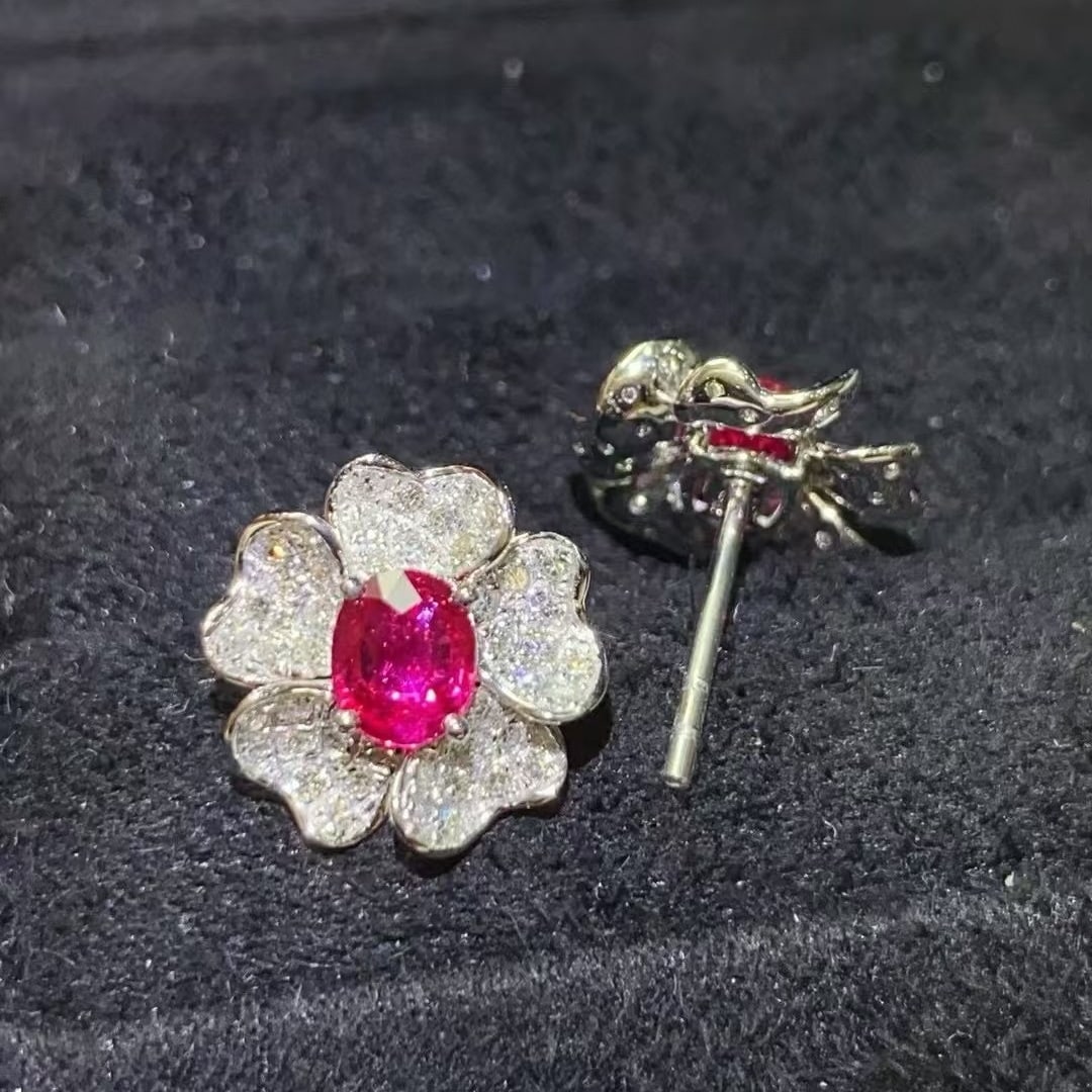 14k Gold 1.48 Ctw Natural Ruby & Diamond & Flowers Earrings - 2