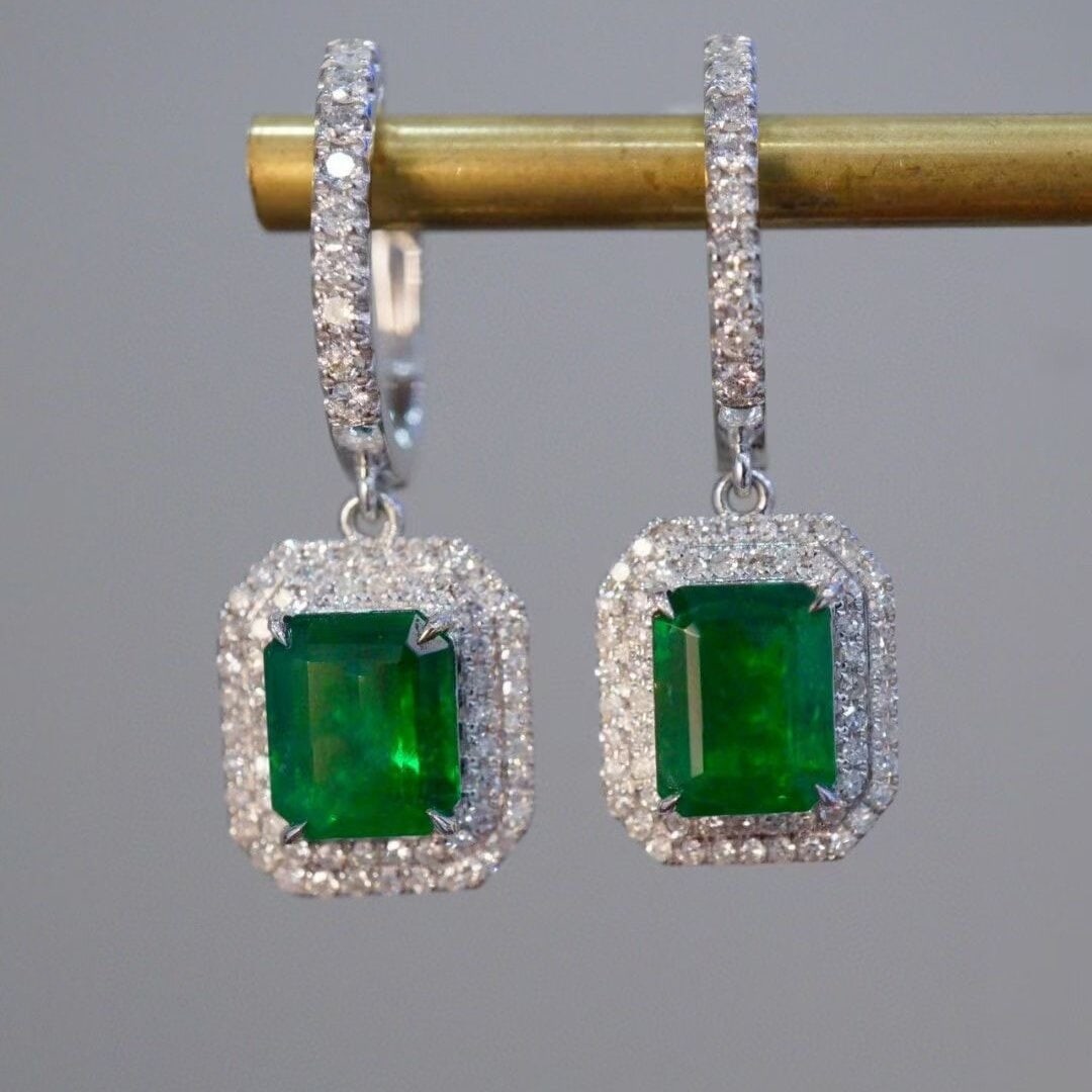 14k Gold 2.61 Ctw Vivid Green Natural Emerald & Diamond Earrings - 2