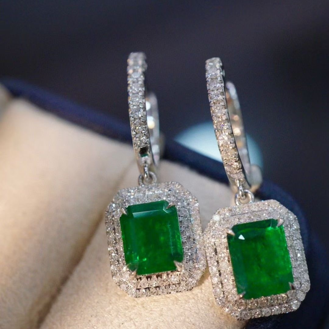 14k Gold 2.61 Ctw Vivid Green Natural Emerald & Diamond Earrings - 4