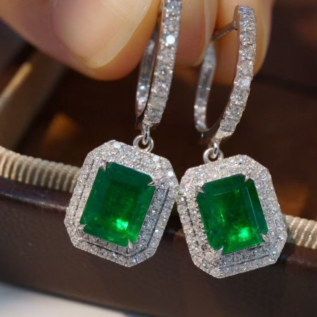 14k Gold 2.61 Ctw Vivid Green Natural Emerald & Diamond Earrings - 5