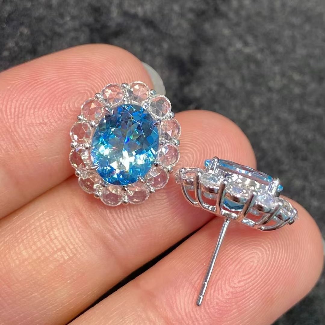 14k Gold 7.02 Ctw Natural Aquamarine & Sapphire Earrings - 4