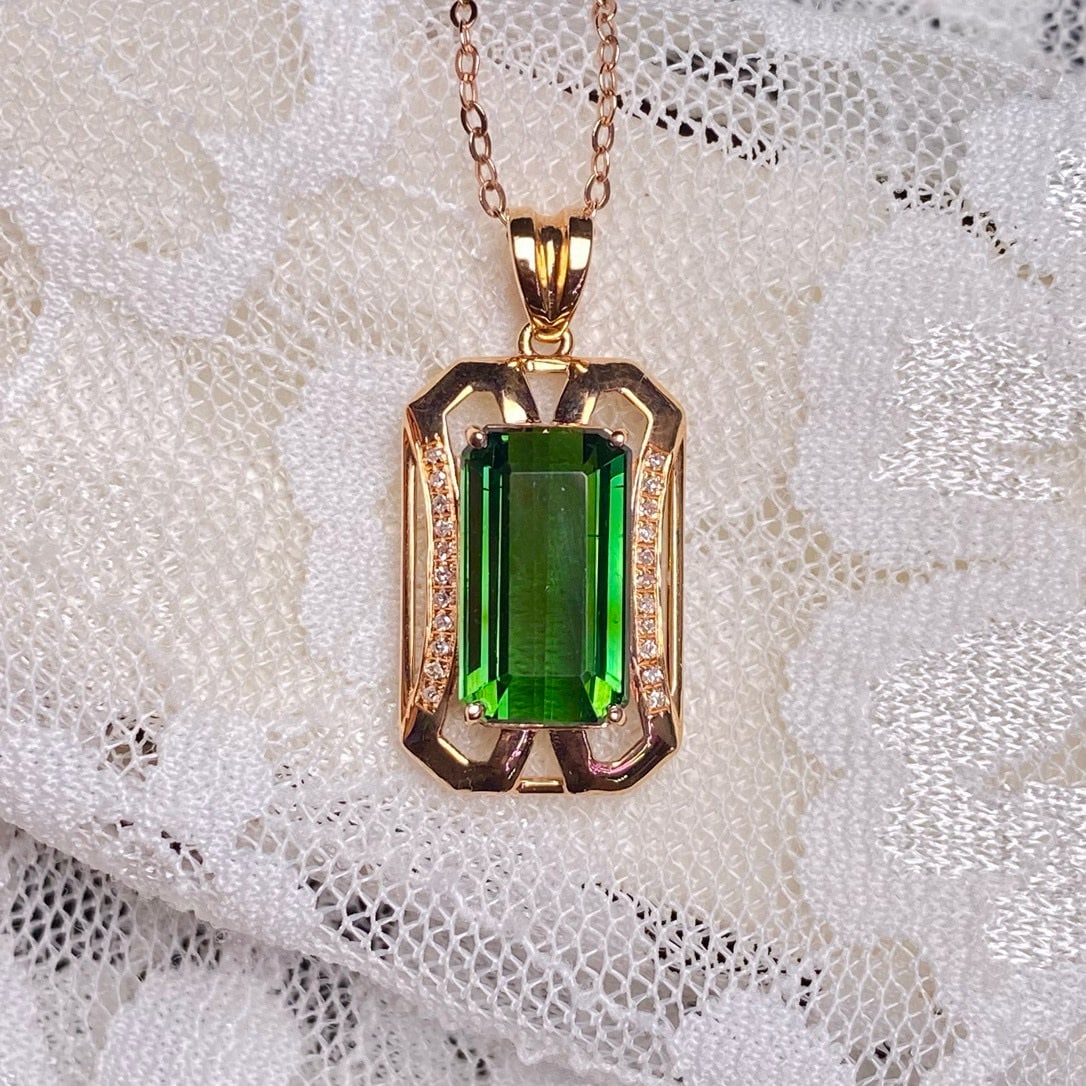 14k Gold 3.75 Ct Natural Tourmaline & Diamond Pendant( Without Chain ): Ref:230946391 // gold content:14k gold // main gemstone:tourmaline // shape:octagonal // carat weight:3. 75ct // color:green // treatment:natural // // adjacent gemstone 2 : diamond // number of stone