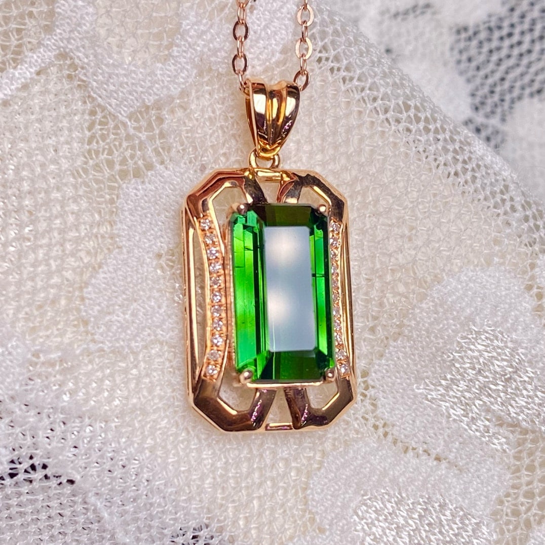 14k Gold 3.75 Ct Natural Tourmaline & Diamond Pendant( Without Chain ) - 2