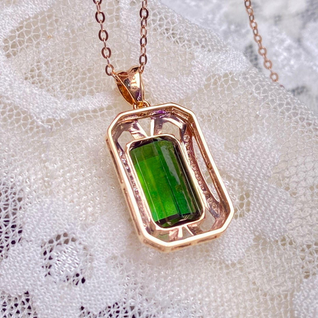 14k Gold 3.75 Ct Natural Tourmaline & Diamond Pendant( Without Chain ) - 3