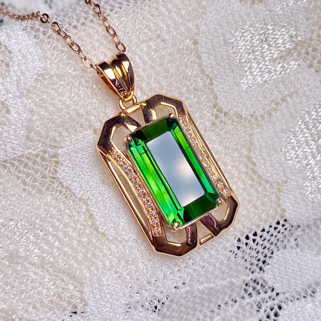 14k Gold 3.75 Ct Natural Tourmaline & Diamond Pendant( Without Chain ) - 4