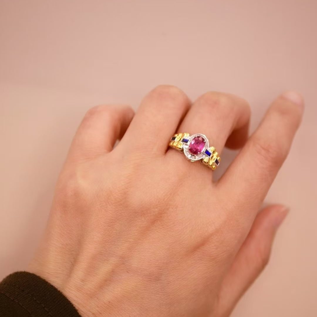 14k Gold 1.3 Ct Natural Ruby & Diamond & Sapphire Ring - 4