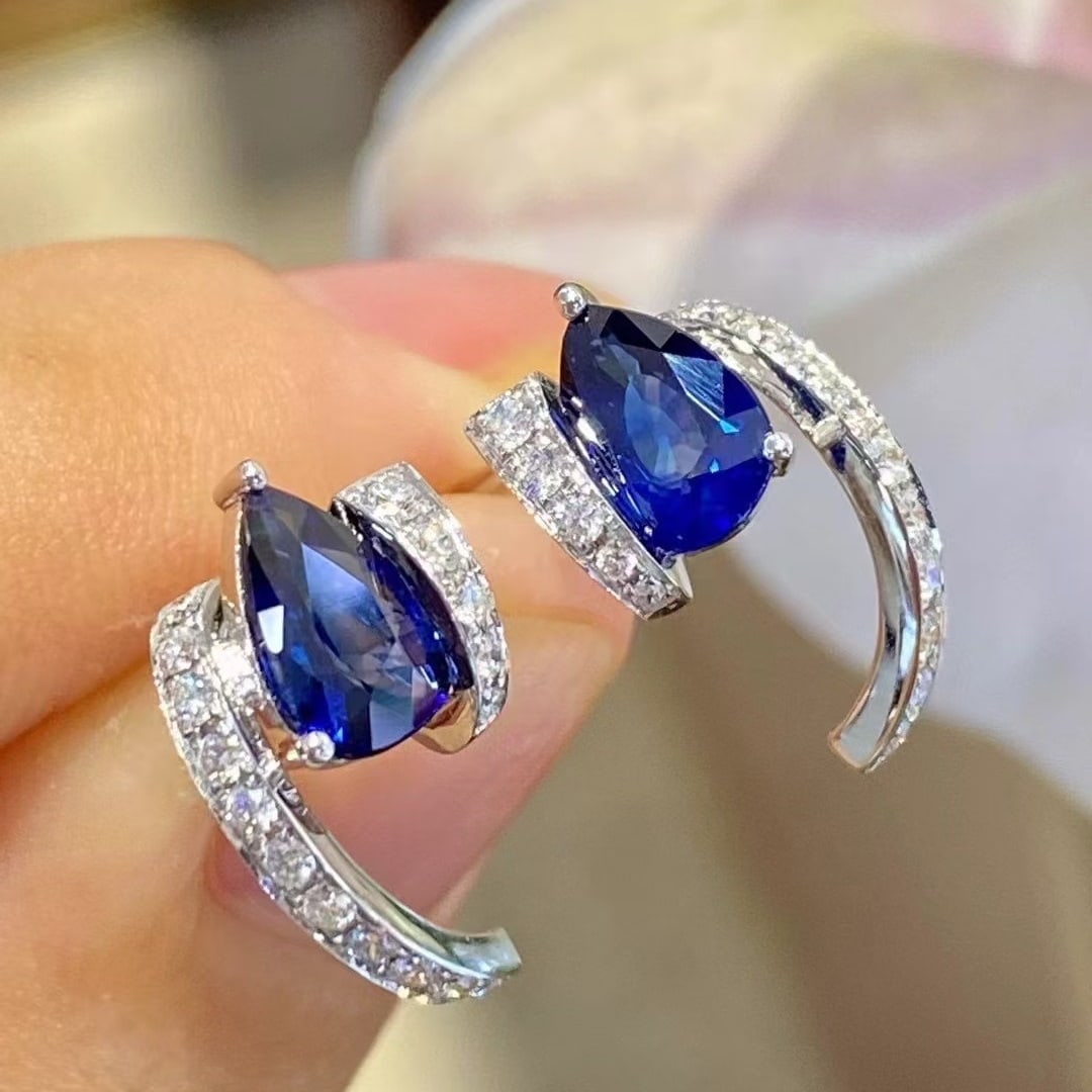 14k Gold 1.93 Ctw Vivid Blue Natural Sapphire & Diamond Earrings - 2
