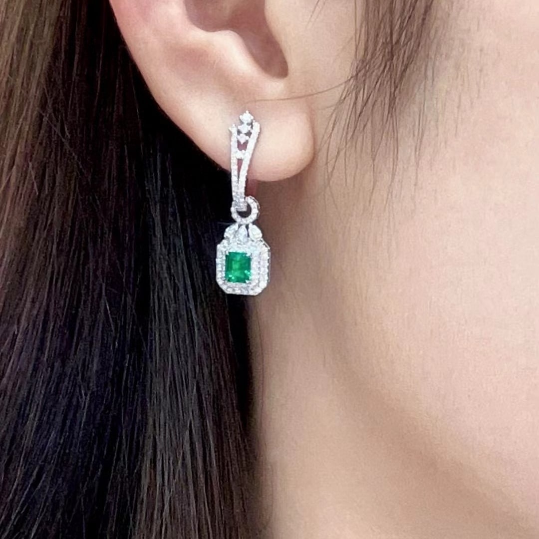 14k Gold 1.69 Ctw Vivid Green Natural Emerald & Diamond Earrings - 2