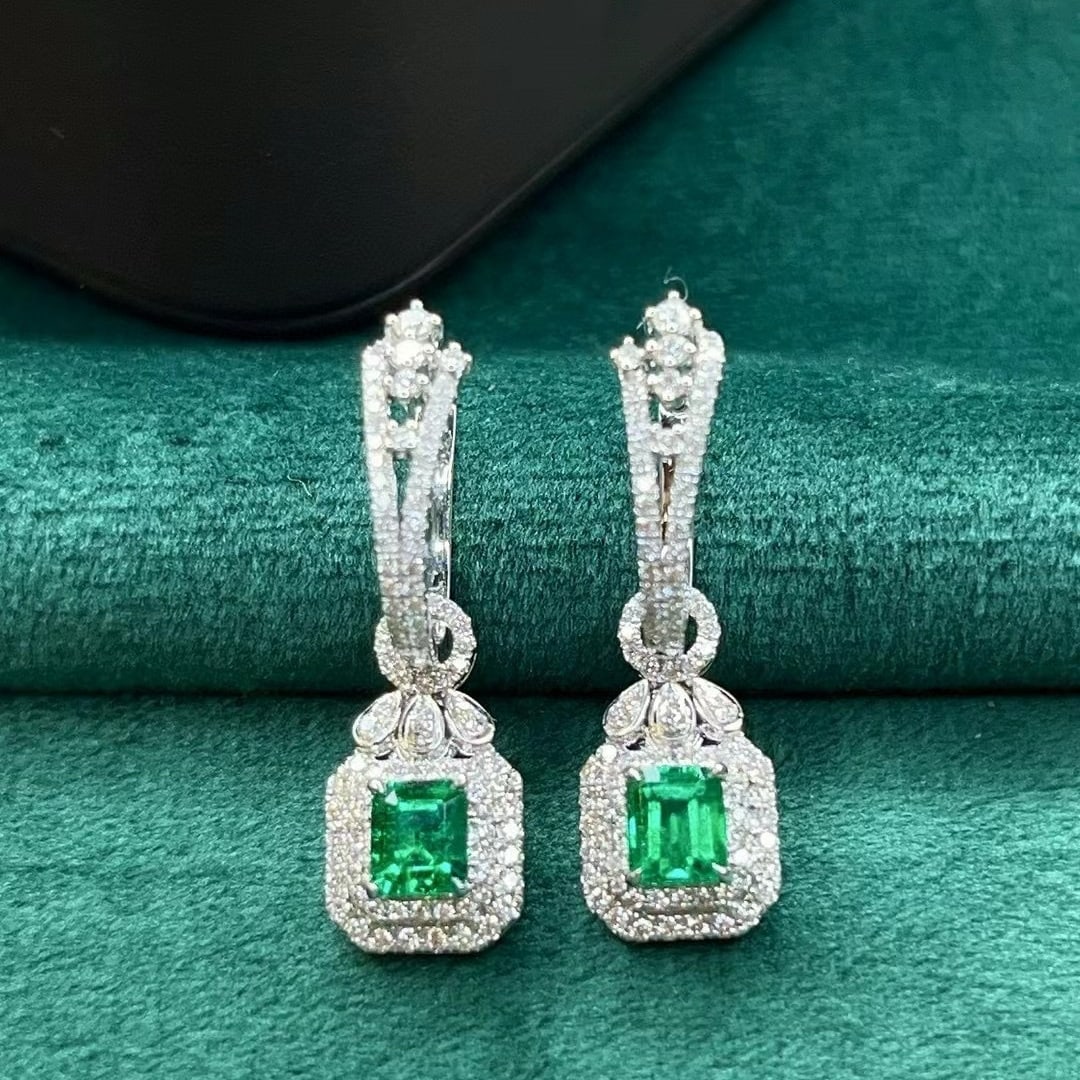 14k Gold 1.69 Ctw Vivid Green Natural Emerald & Diamond Earrings - 5