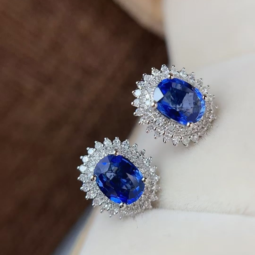 14k Gold 1.88 Ct Natural Sapphire & Diamond Earrings - 2