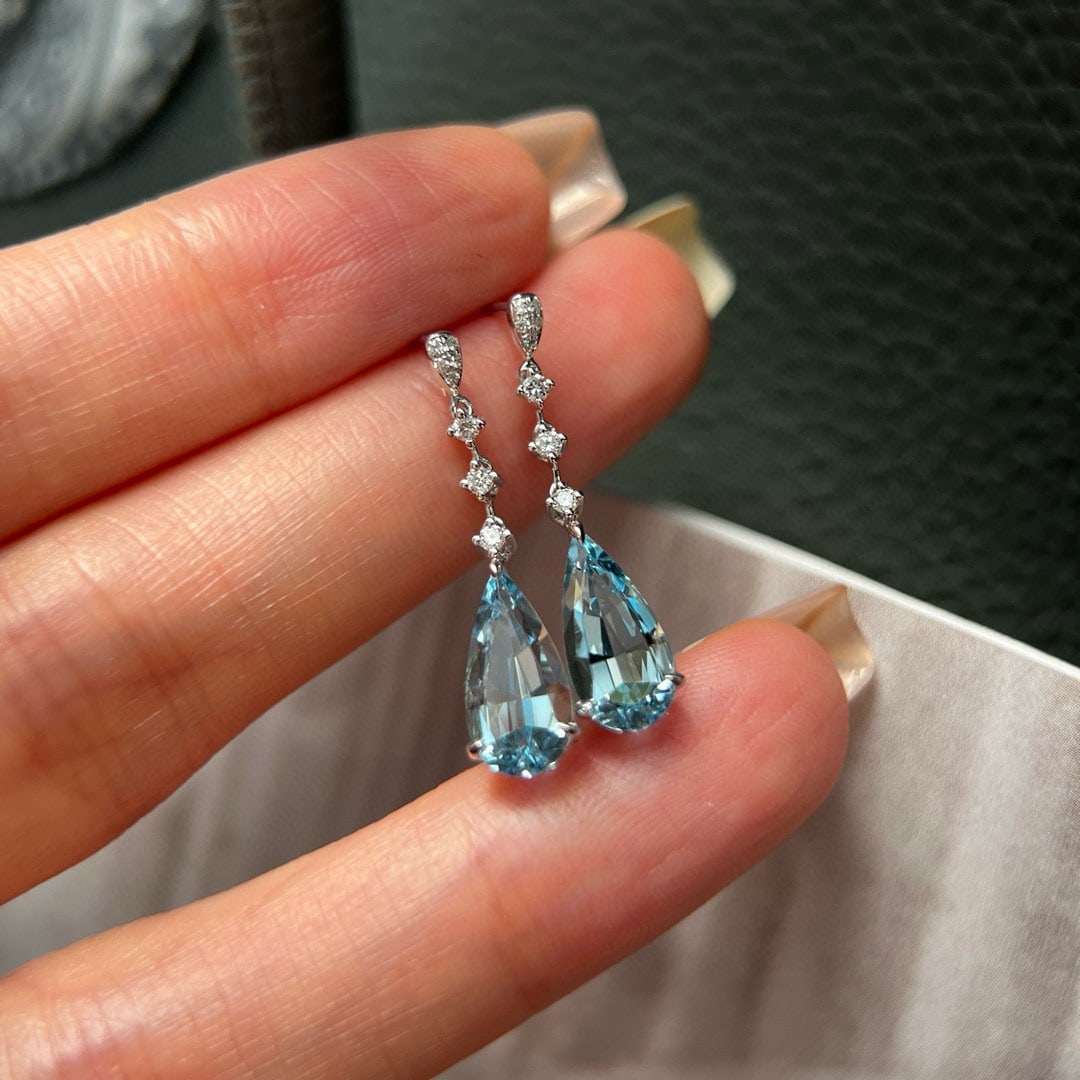 14k Gold 2.63 Ctw Natural Aquamarine & Lab Grown Diamond Earrings - 4