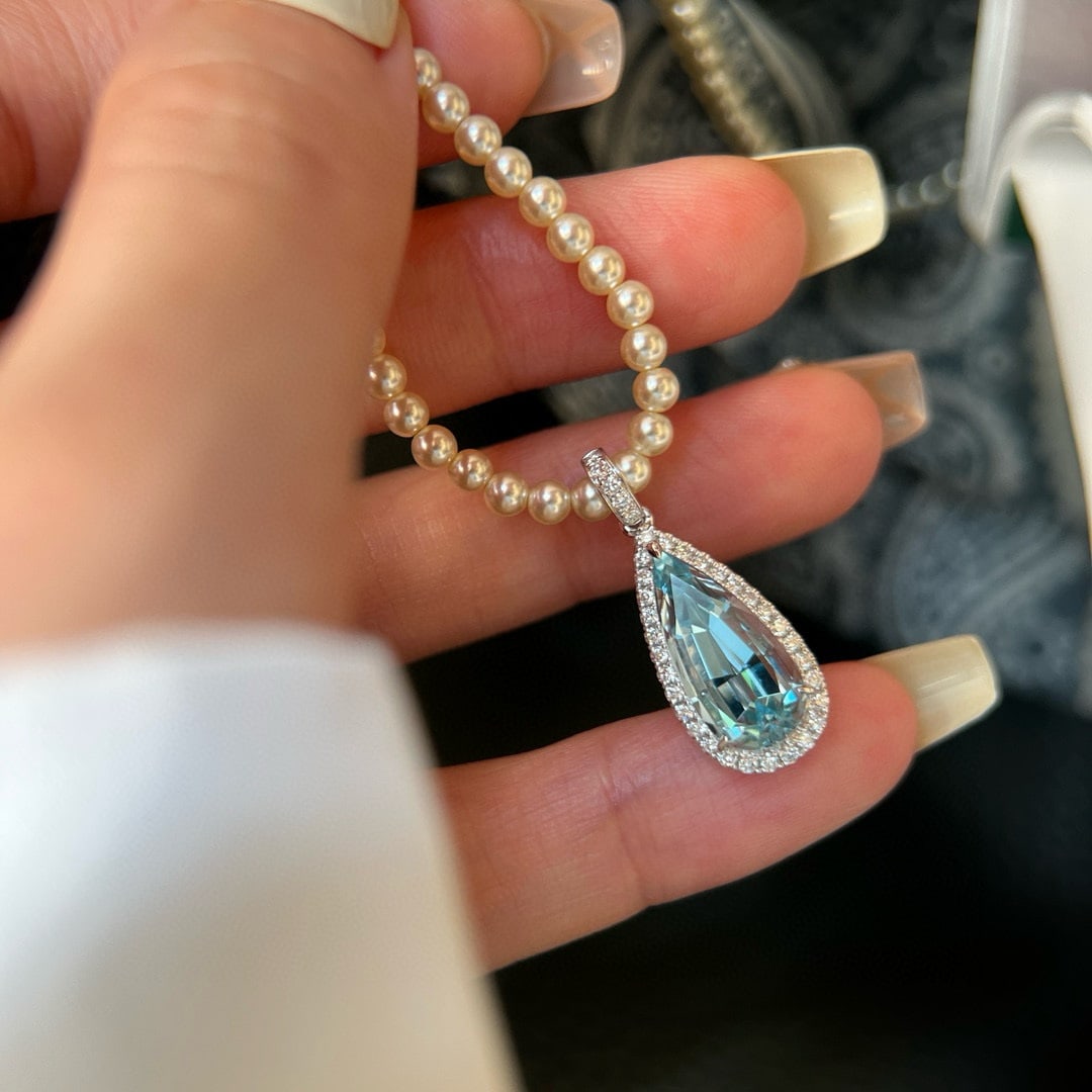 14k Gold 4.08 Ctw Natural Aquamarine & Lab Grown Diamond Pendant( Without Chain ) - 2