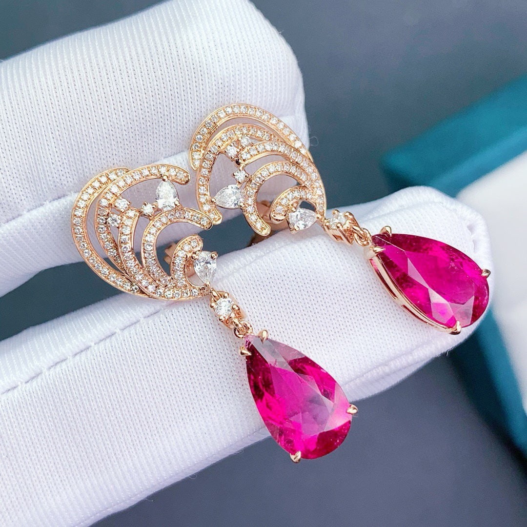 14k Gold 6.6 Ct Natural Tourmaline & Diamond Earrings - 6