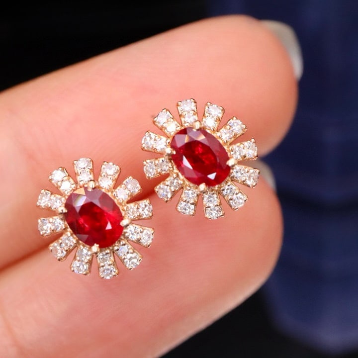 14k Gold 0.85 Ctw Vivid Red Natural Ruby & Diamond Earrings - 6