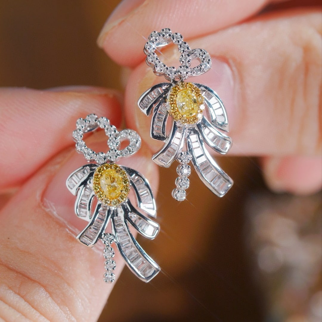 14k Gold 0.90 Ctw Natural Yellow Diamond & Diamond Earrings - 2