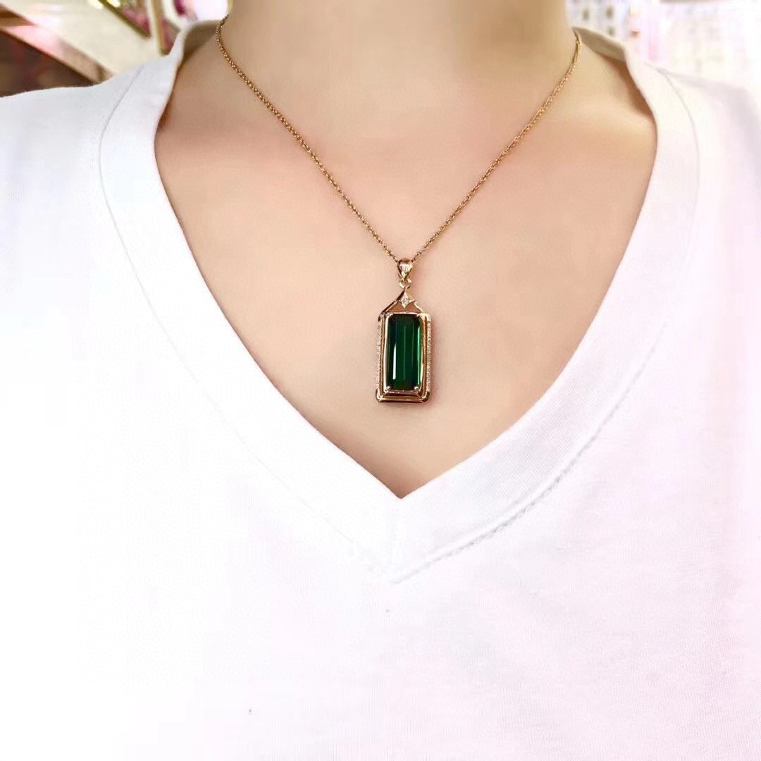 14k Gold 5.27 Ct Natural Tourmaline & Diamond Pendant( Without Chain ) - 9