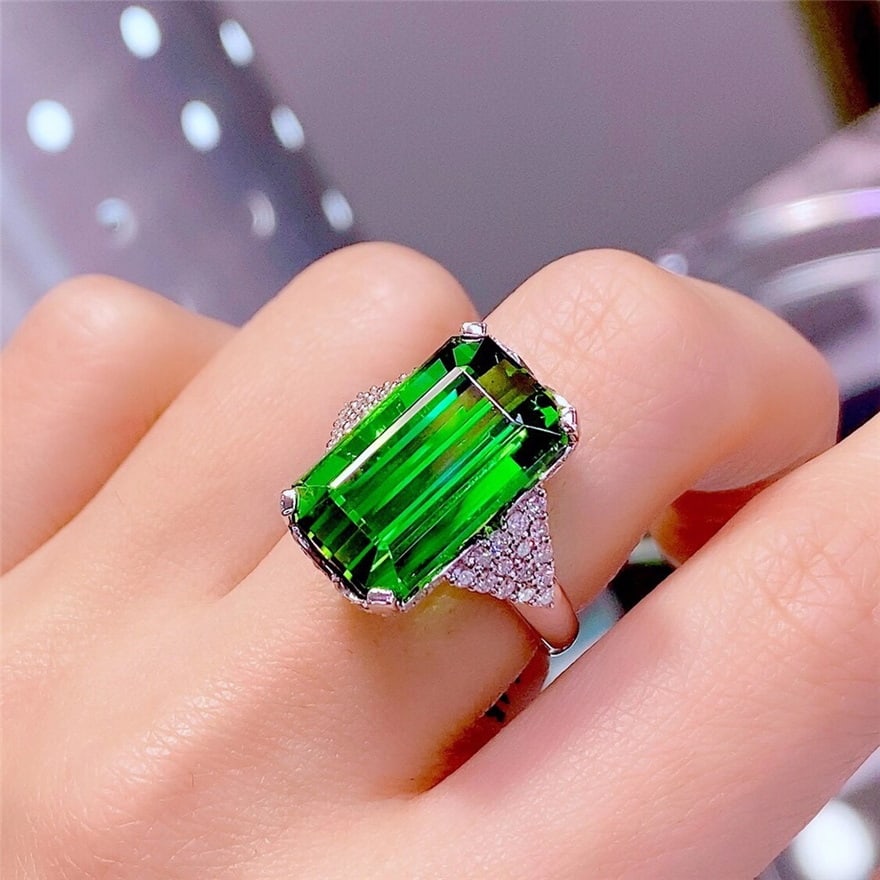 14k Gold 15.3 Ct Natural Tourmaline & Diamond Ring - 3