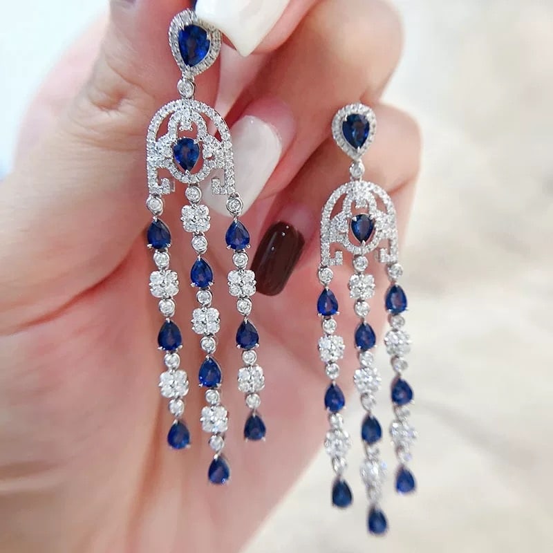 14k Gold 7.01 Ctw Natural Sapphire & Diamond Earrings - 2