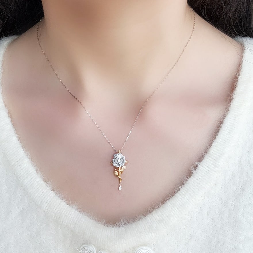 14k Gold 0.4 Ct Natural H Diamond & Flowers Pendant( Without Chain ) - 8